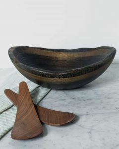 Ebonized live edge oak bowl and black walnut salad tossers salad bowl and server set