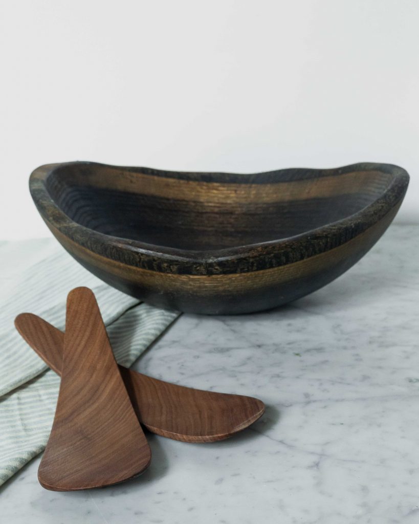 Ebonized live edge oak bowl and salad tossers natural edge wood bowl