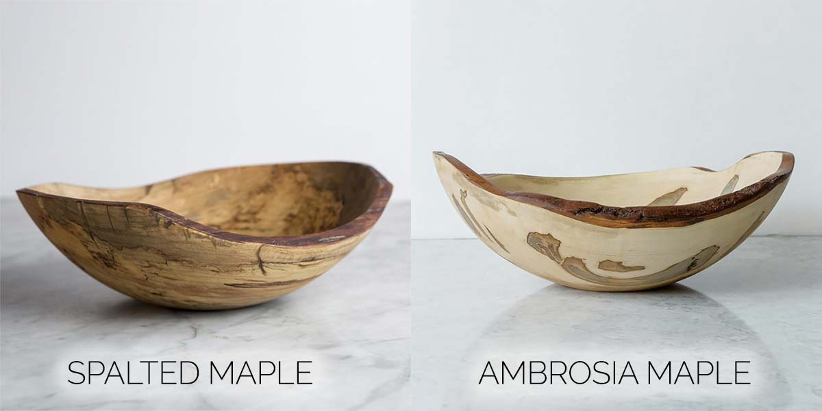 Side-by-side bowls showing spalted maple versus ambrosia maple grain patterns