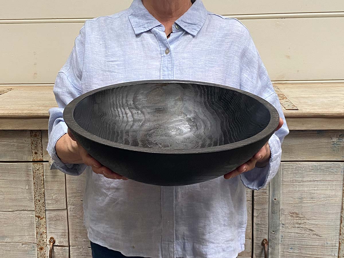 Large 15-inch ebonized oak round wooden bowl, hand-turned black finish, food safe serving bowl.