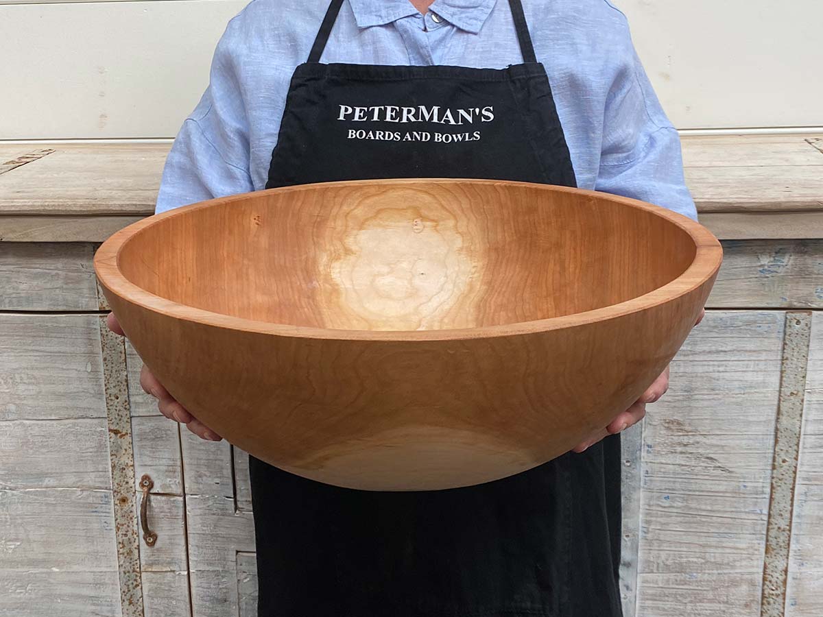 Extra large 18-inch cherry wooden bowl, classic round design, food safe centerpiece or salad bowl.