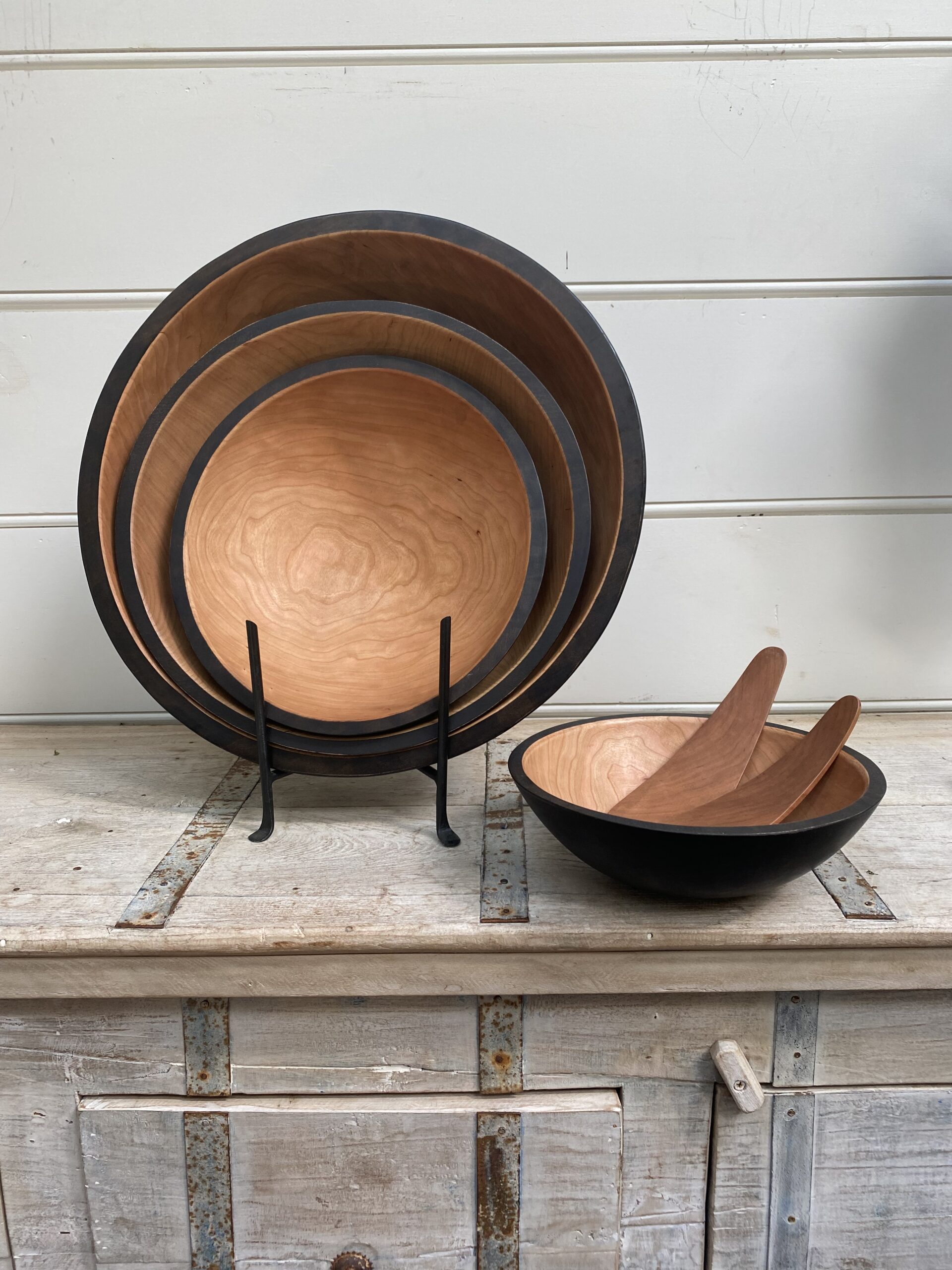 Extra Large Two-Tone Cherry Round Wooden Bowl (18") - Image 2