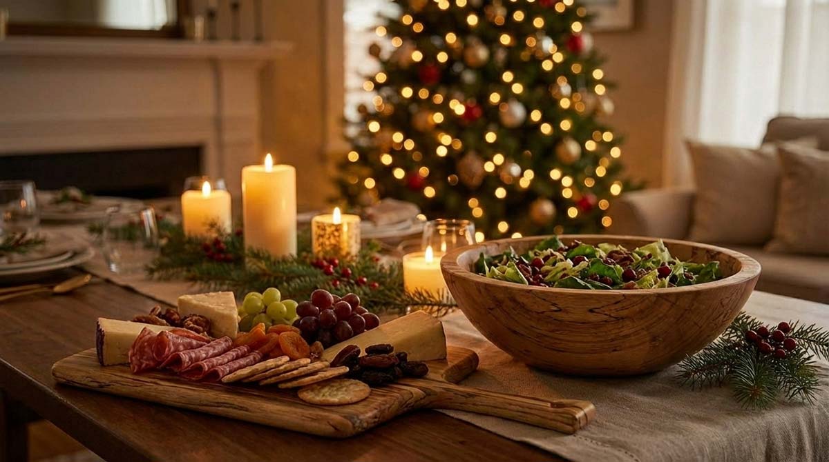 Warm holiday table set with a wooden serving bowl, board, candles, and simple seasonal food.