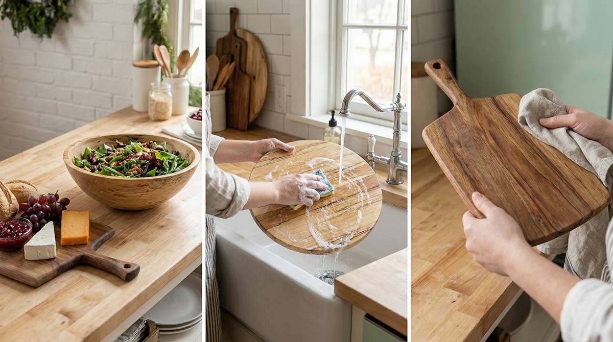 Three-step sequence showing a wooden board and bowl in use, washed with soap and warm water, then dried thoroughly.