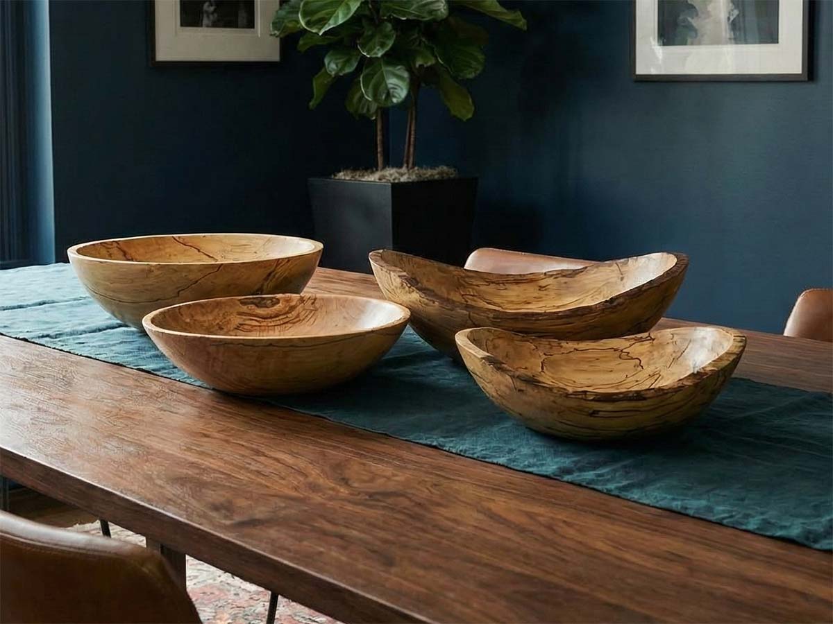 Four spalted maple wooden bowls displayed on a dining table, two 13-inch bowls paired with two 10-inch bowls on a blue linen runner