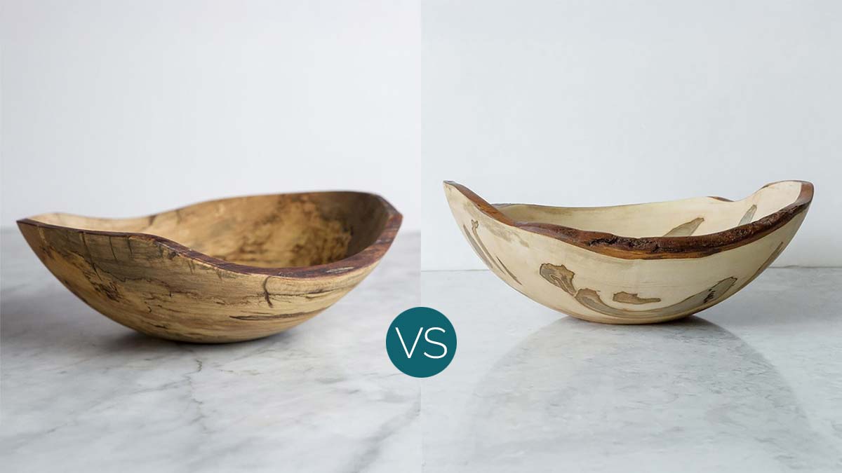 Spalted maple vs Ambrosia maple wooden bowls shown side by side to compare grain patterns