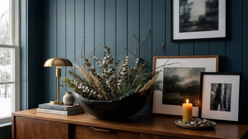 Hand-turned live edge wooden bowl styled as a decorative centerpiece on a sideboard with natural greenery